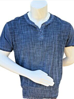 Made in Italy - Mens Shirt Size XL Smokey Blue Burlap Print Henley Neck